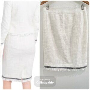 J.Crew Tweed Preppy Feminine Pencil Skirt Fringe Contemporary Classic White